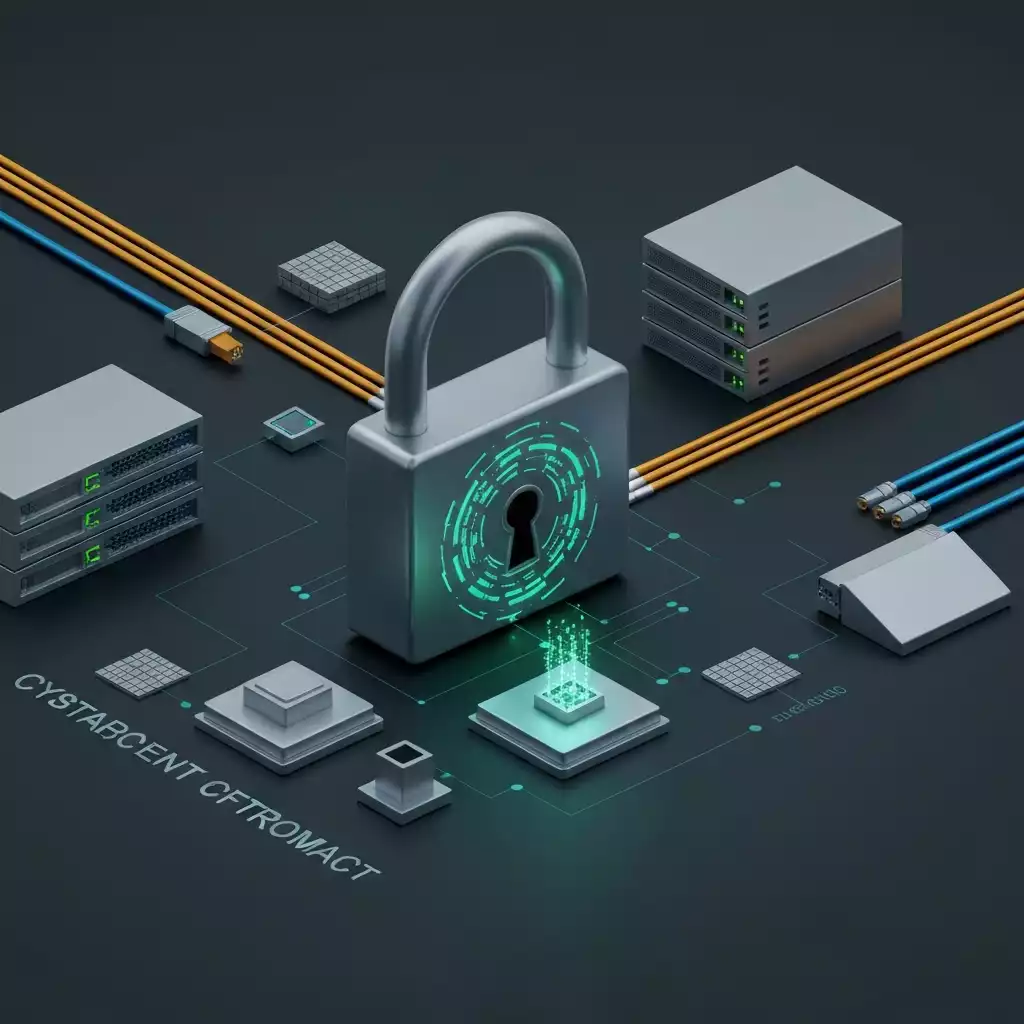 Illustration of cybersecurity basics with digital lock and network elements