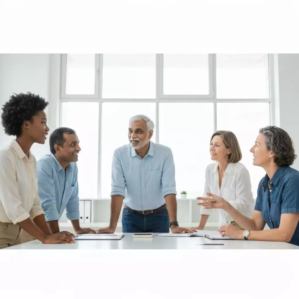 Diverse group in a modern office discussing skill development plans