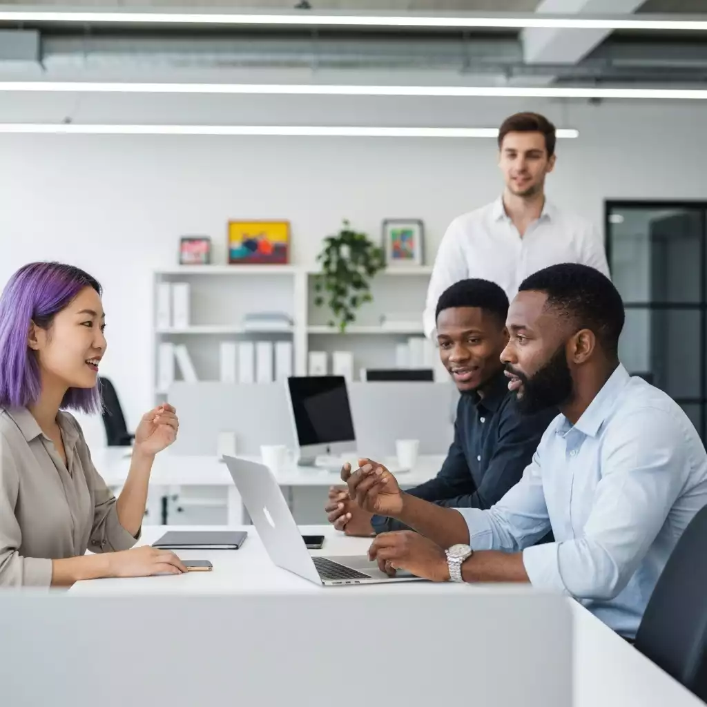 A team of diverse professionals working together in a modern office setting