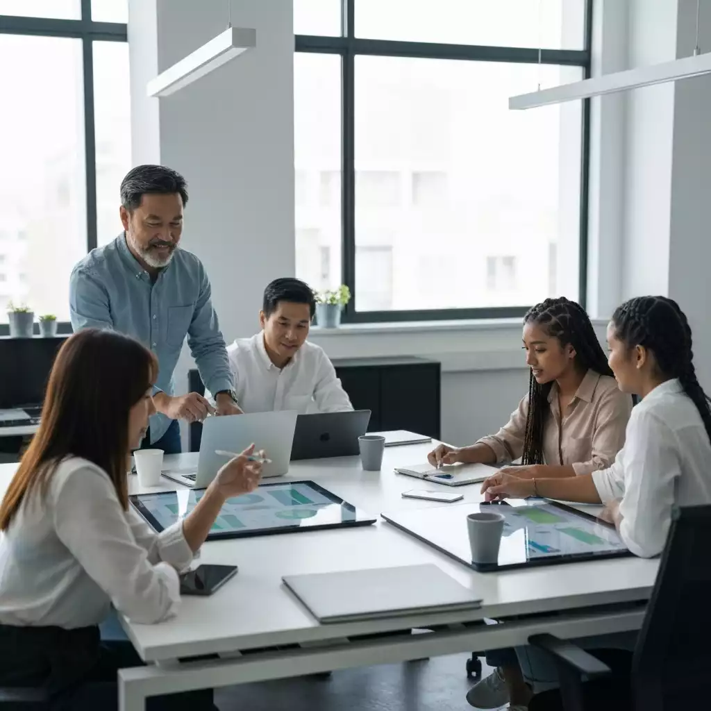 Modern office setting with team members engaged in collaborative upskilling activities