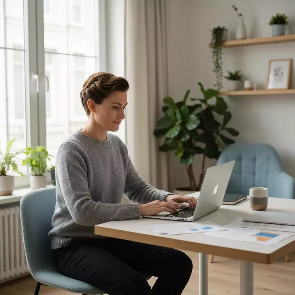 Person working remotely in a cozy home office setup