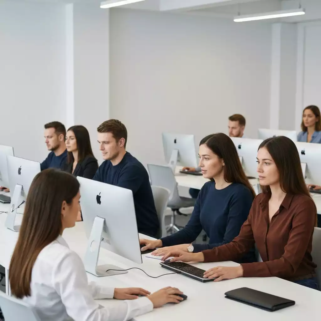 Employees participating in a digital skills training session