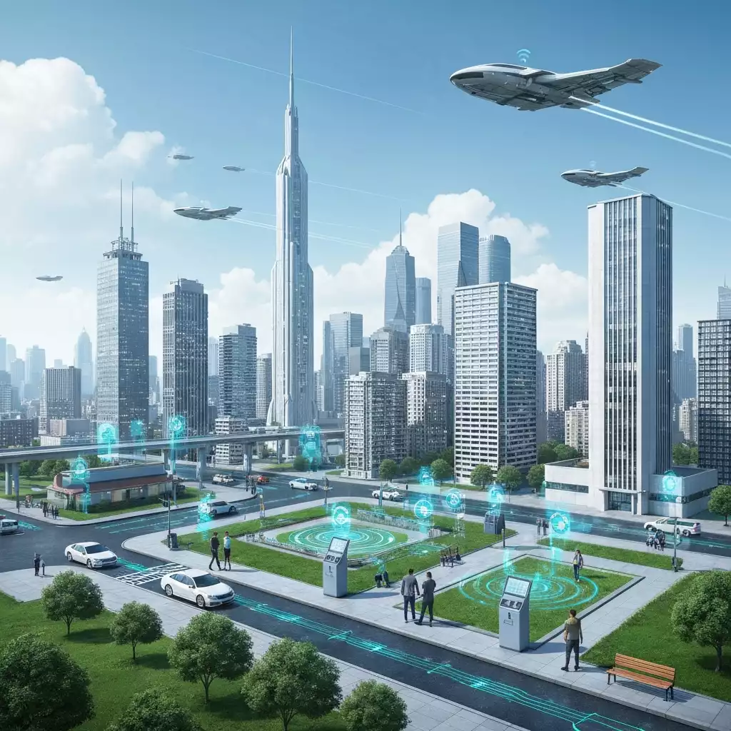 Conceptual illustration of Edge AI technology in use, futuristic urban setting