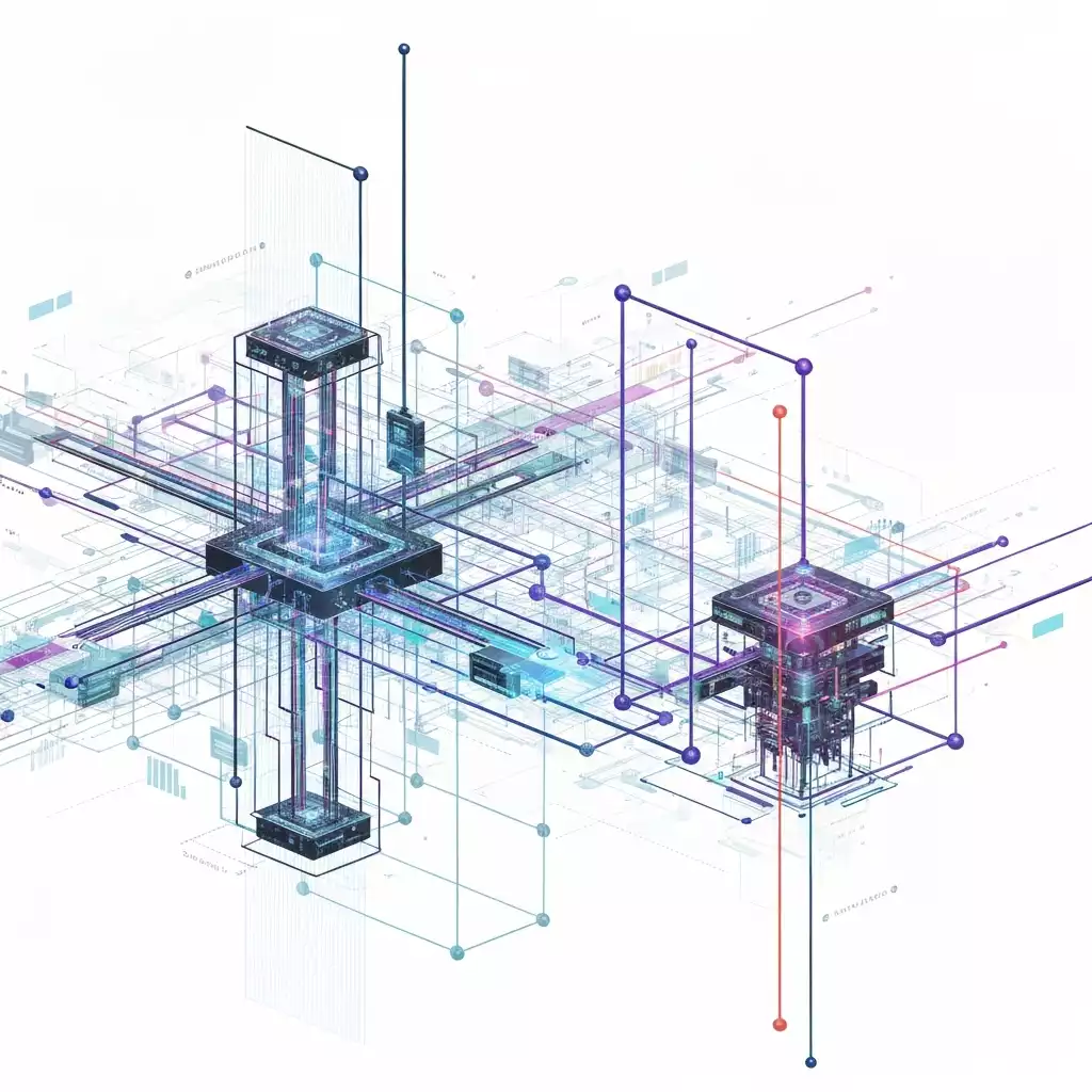 Illustration of digital twin technology with interconnected systems and data flow