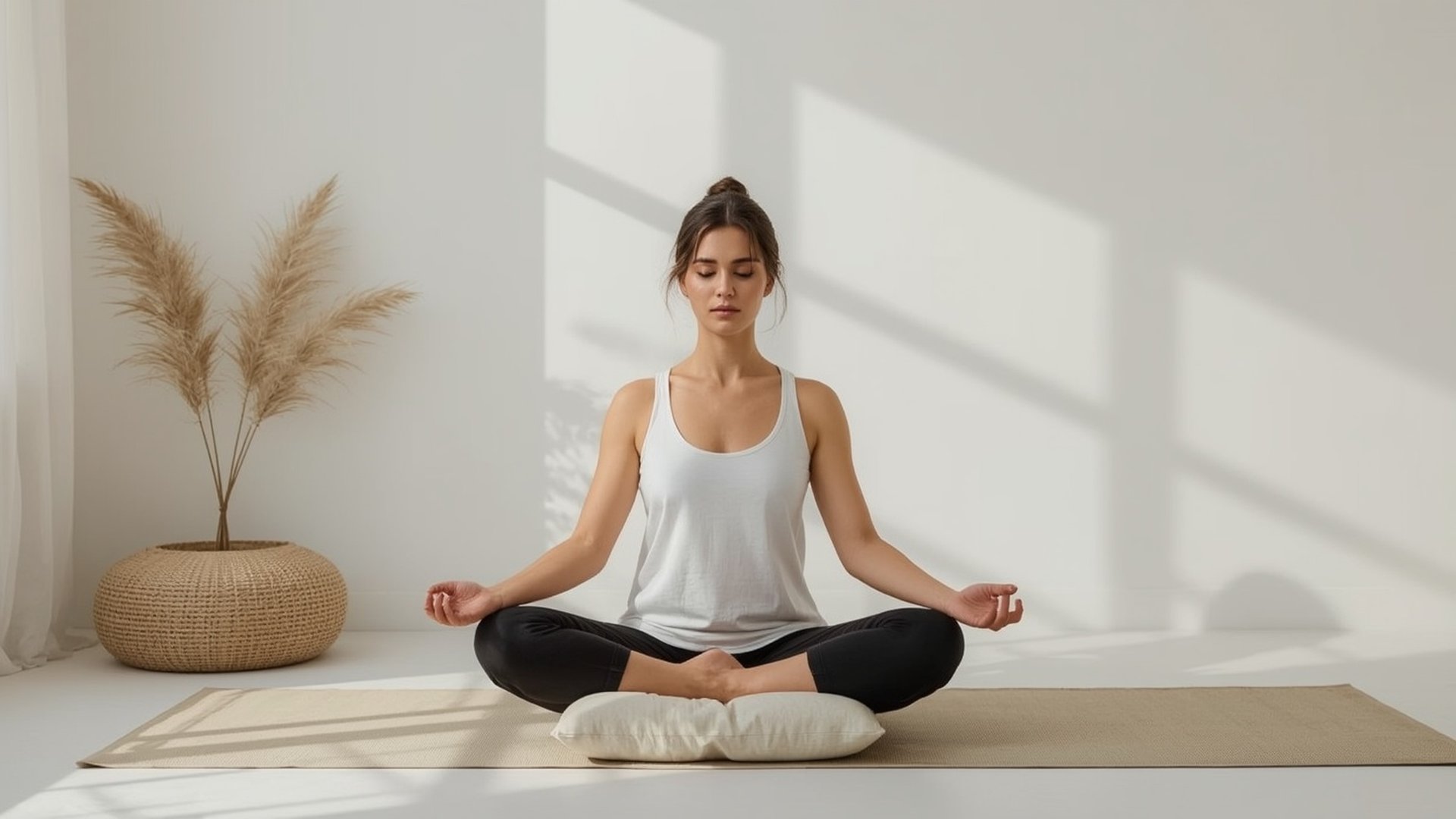 Frau meditiert im Lotus-Sitz auf Yogamatte – Achtsamkeit und Ruhe