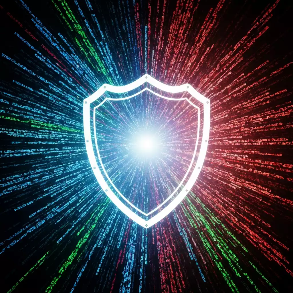 Digital depiction of cyber threats with abstract codes and shield, no text, no words, no typography