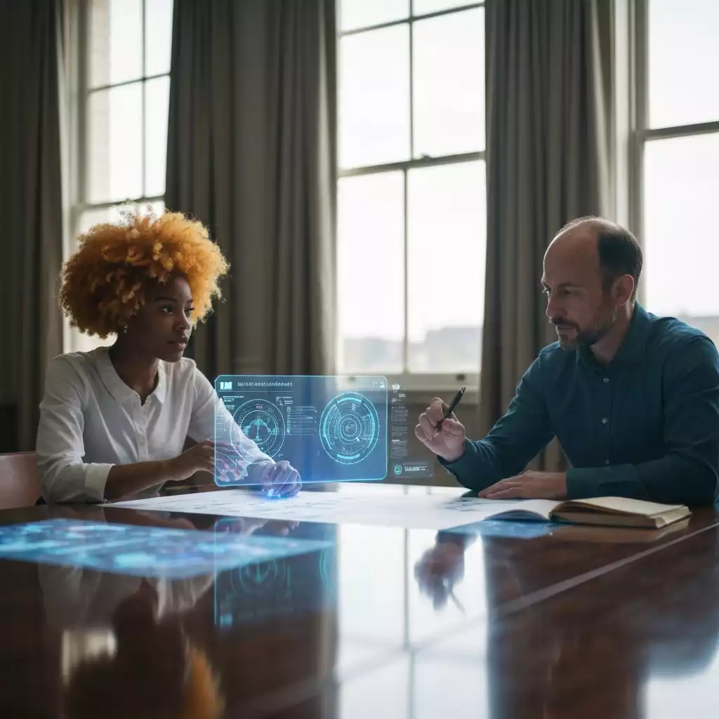 Team collaborating with generative AI tools in modern office setting