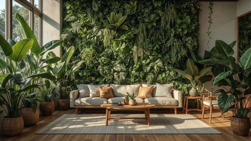 Biophiles Design – Wohnzimmer mit Pflanzenwand