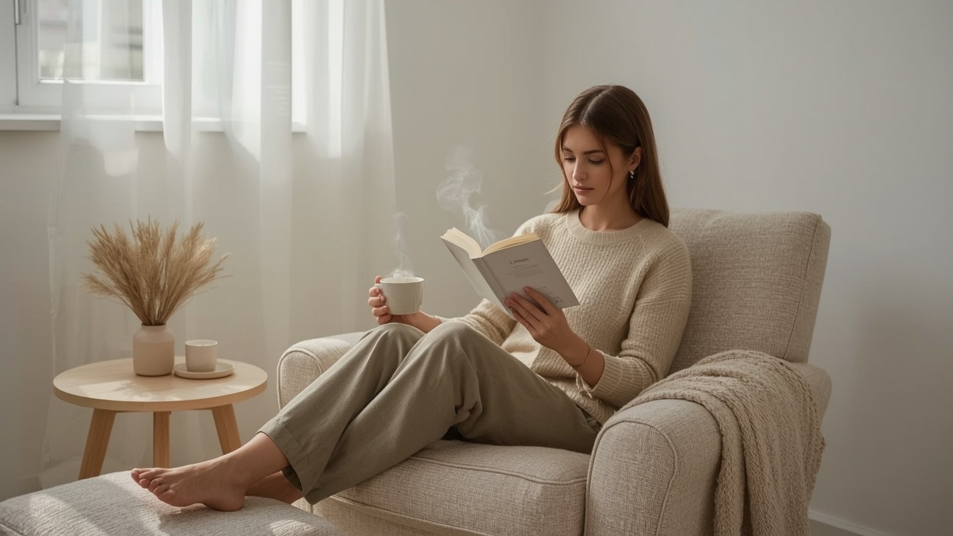 Slow Living – Frau liest Buch mit Tee