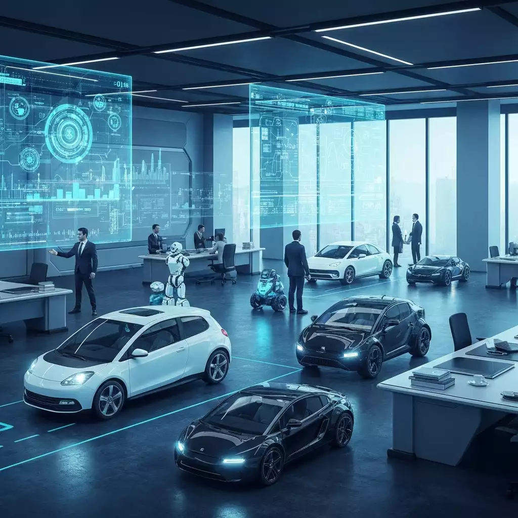 Conceptual image of AI and automation in workplace, futuristic office setting