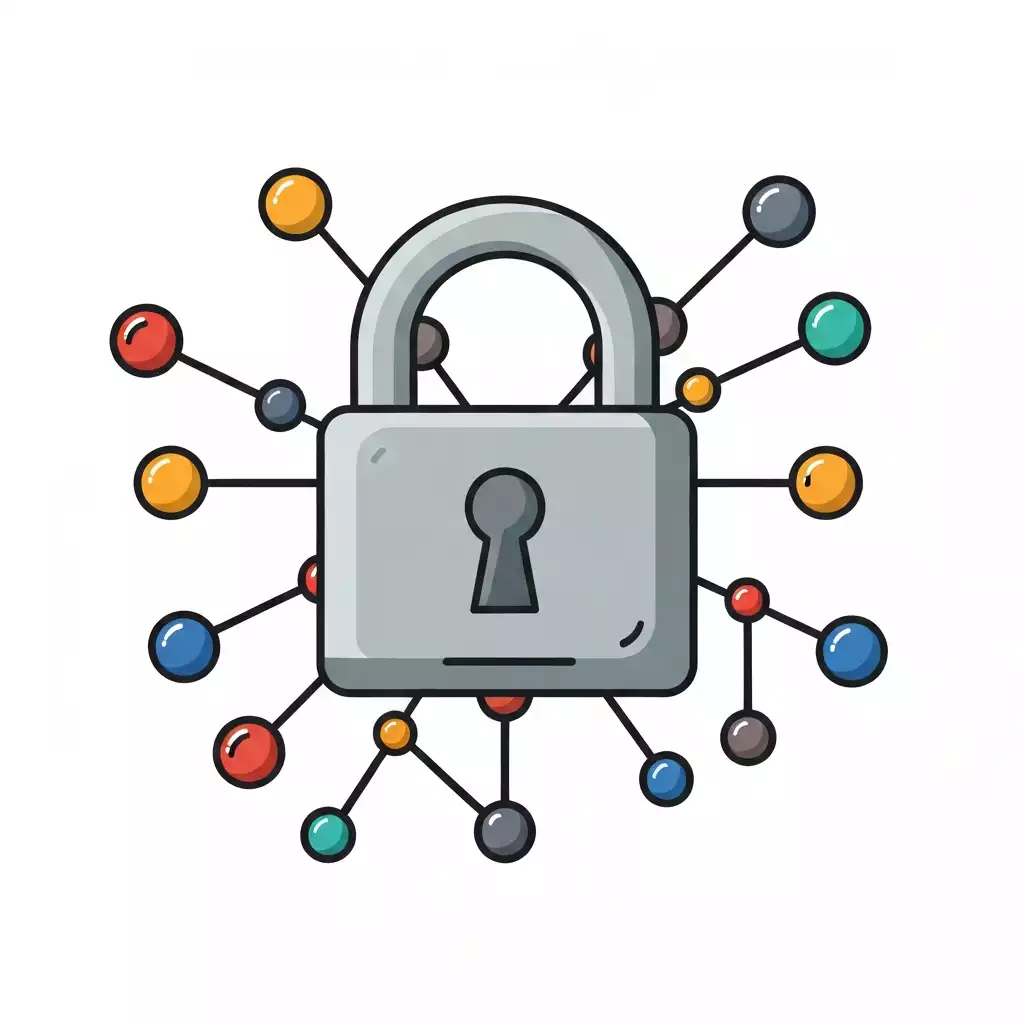 Illustration of cybersecurity awareness with a lock and network nodes, no text, no words, no typography