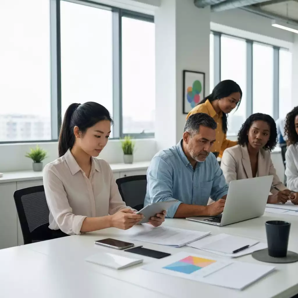 Modern office with diverse professionals working together on upskilling tasks