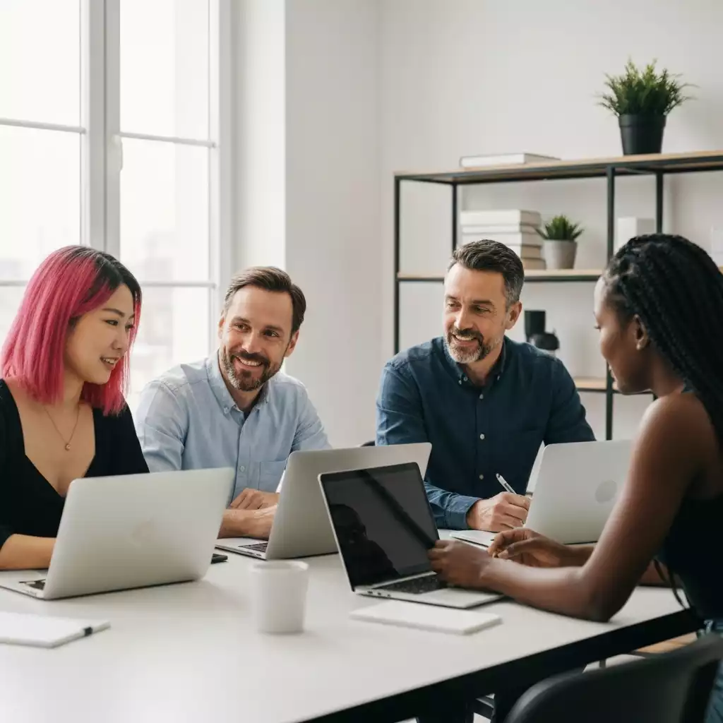 A diverse team engaging in a collaborative upskilling workshop