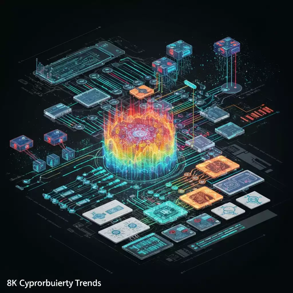 Graphic showing future cybersecurity trends with AI and data protection